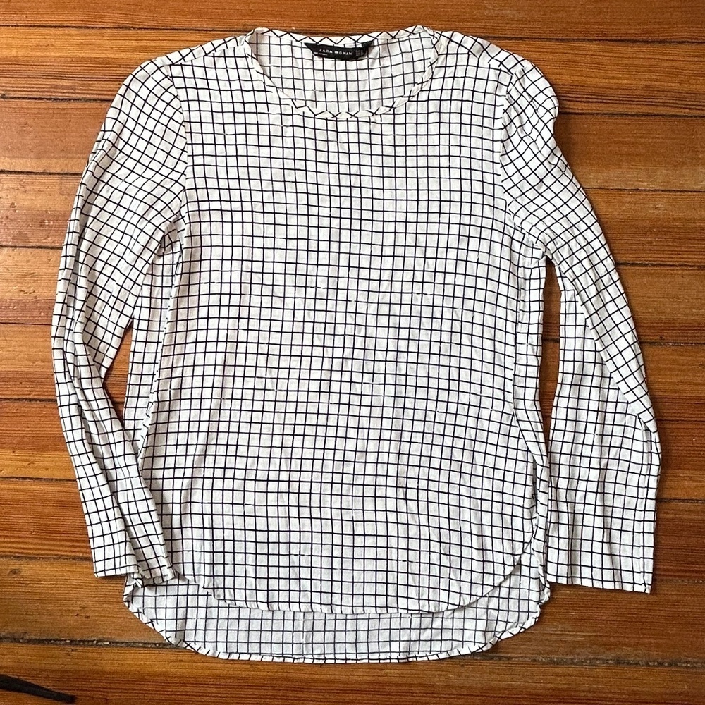 Zara Women White/Black Checker Long Sleeve Tunic Sz M